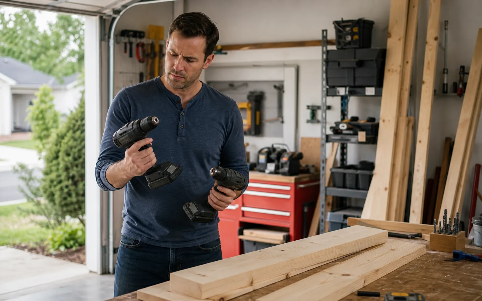 Homeowner comparing two cordless drills at a garage workbench