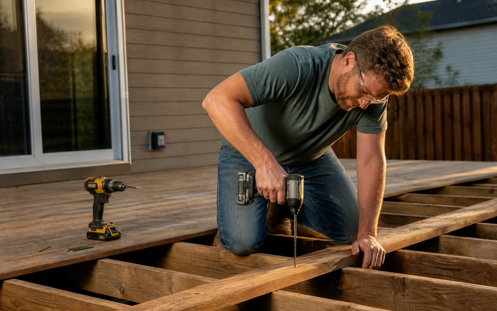 DIY homeowner driving deck screws with an impact driver outdoors