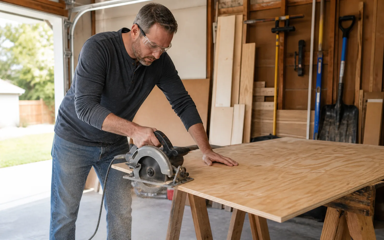 Weekend woodworker guiding a circular saw through plywood in a garage