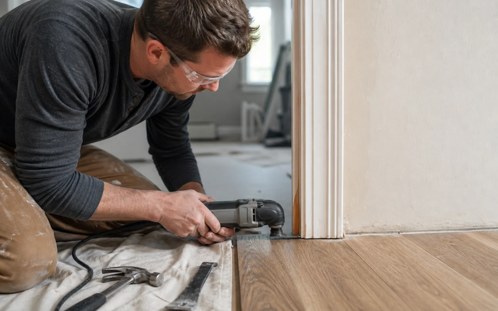 Home renovator undercutting a door casing with an oscillating multi-tool