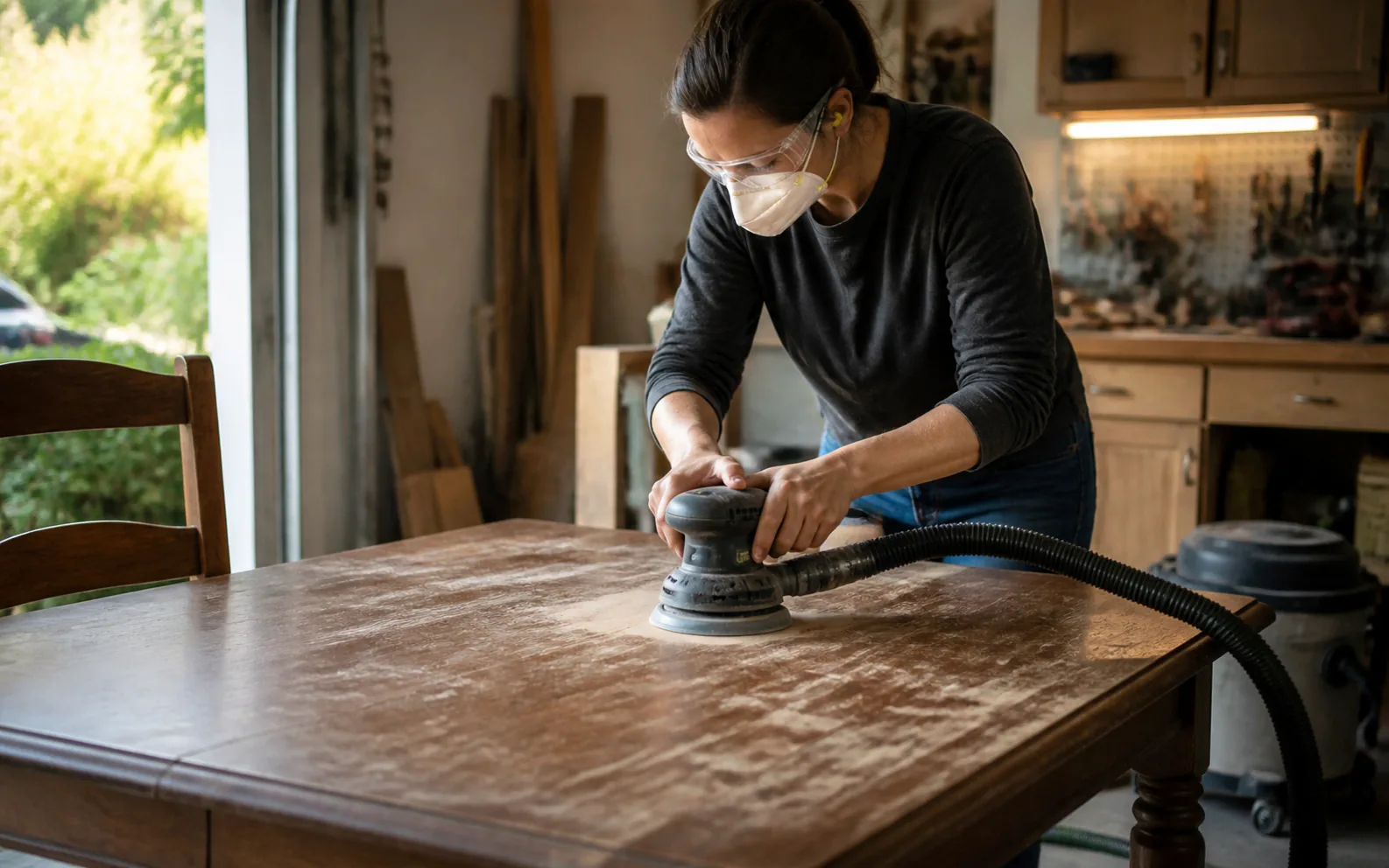 Homeowner sanding a dining table in a bright garage workshop