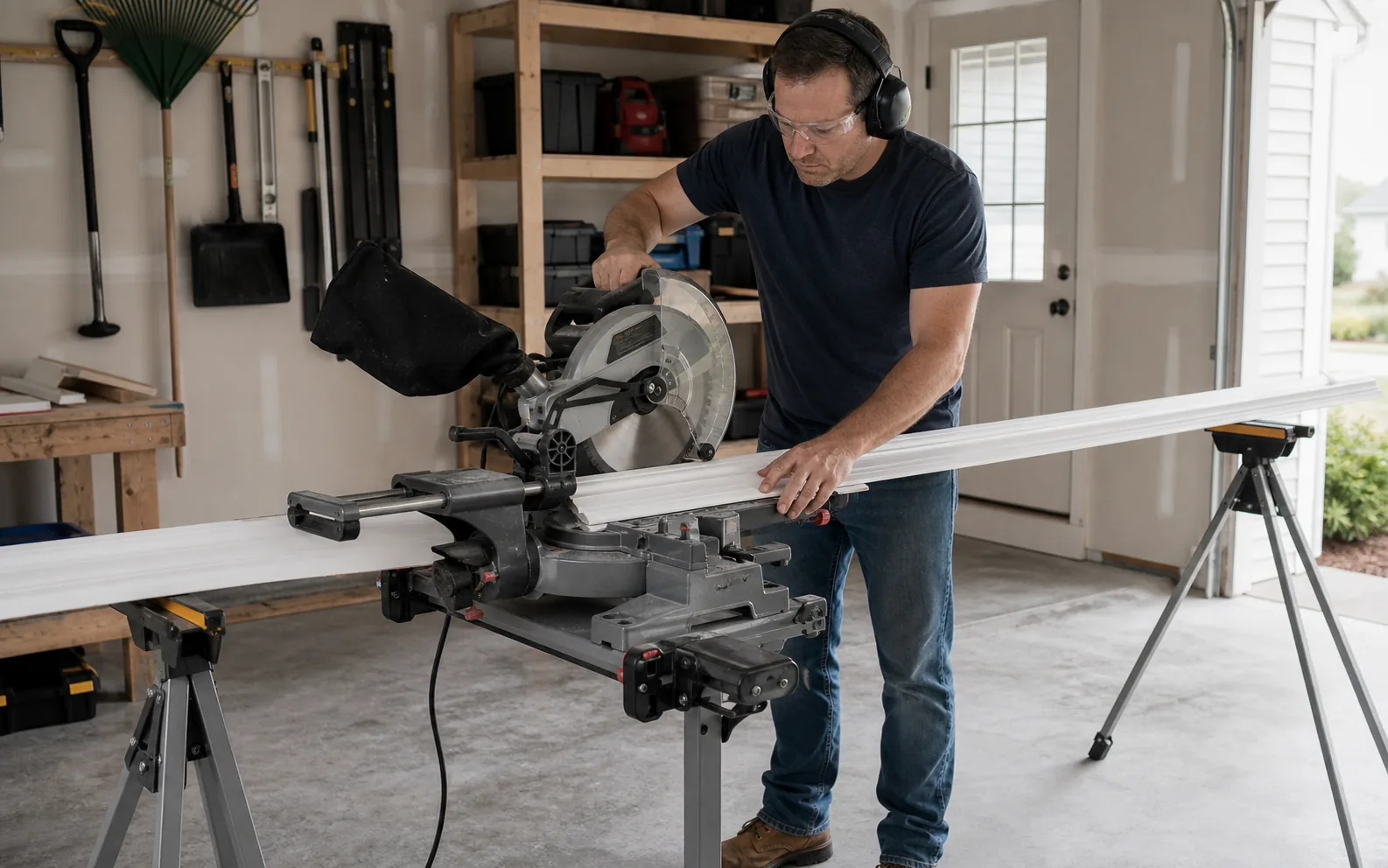 DIYer measuring white baseboard beside a miter saw in a garage