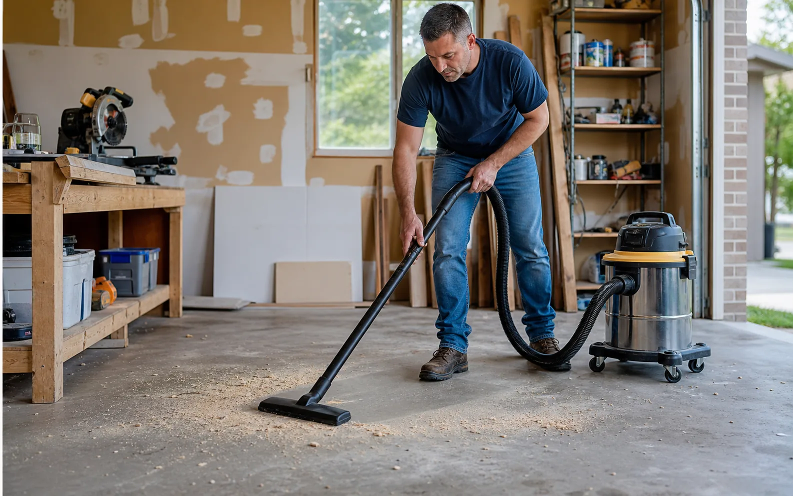 Home remodel cleanup with a wet dry vacuum in a lived-in garage