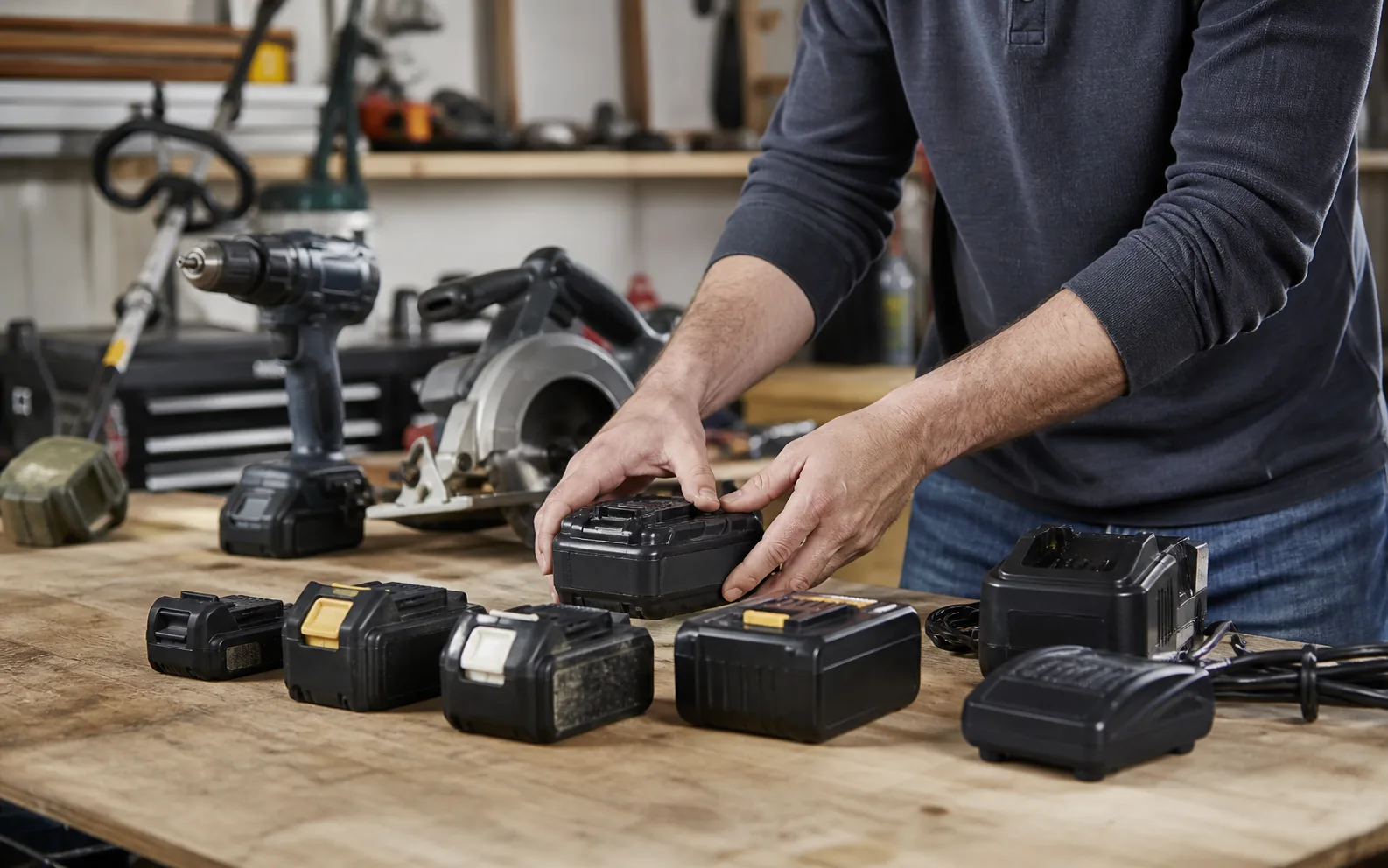 Homeowner organizing several cordless tool batteries and chargers on a workbench