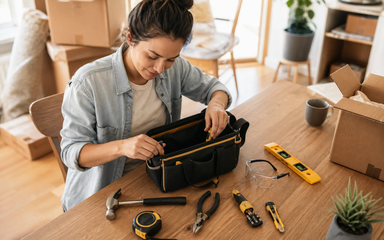 New homeowner assembling a practical hand tool kit at a kitchen table