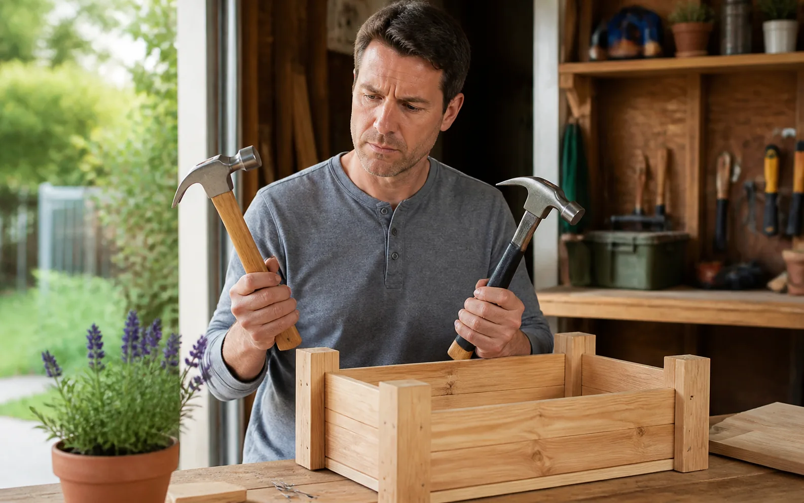 DIY homeowner choosing a claw hammer beside a small woodworking project