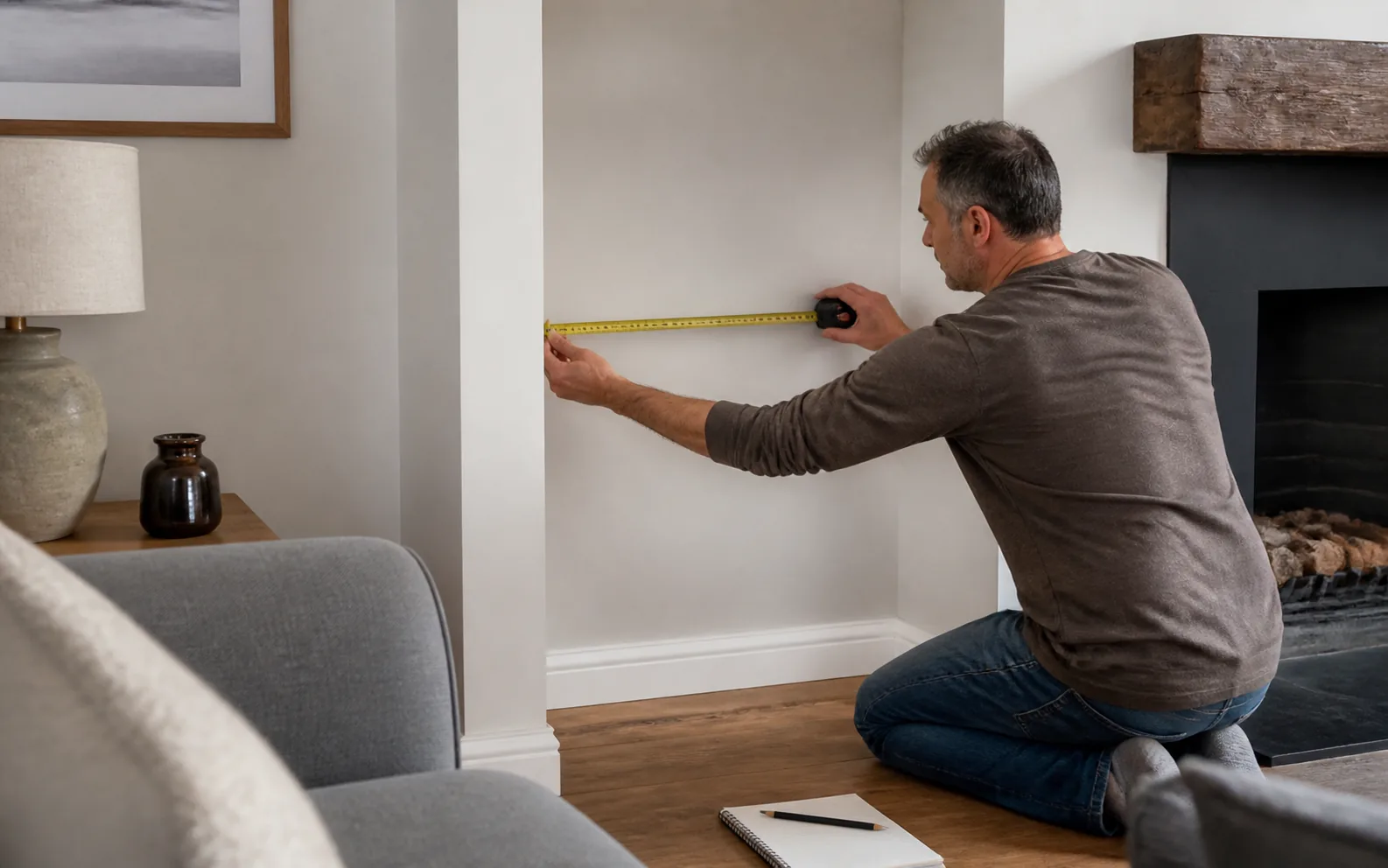 Homeowner measuring an alcove for new shelving with a tape measure