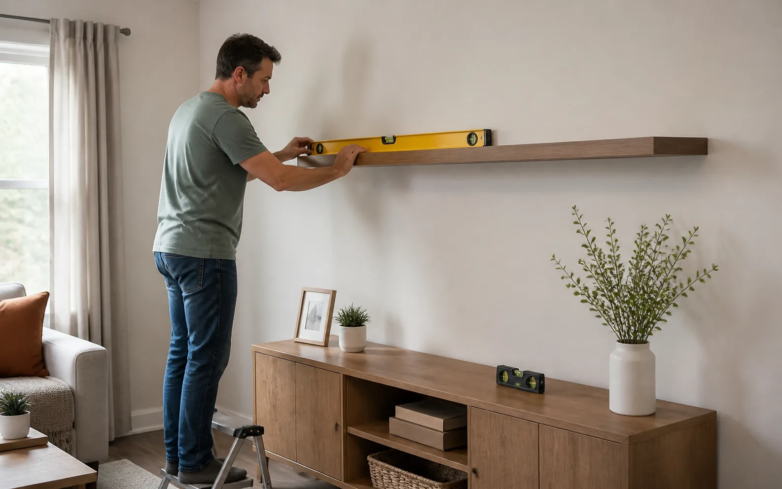 DIYer checking a wall shelf with a two-foot level in a living room