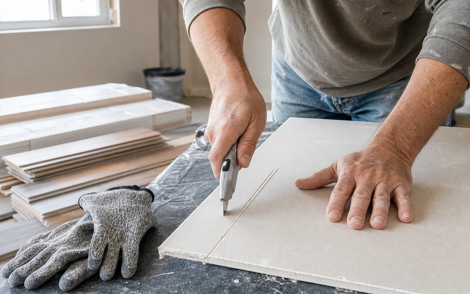 Home renovator scoring drywall with a retractable utility knife
