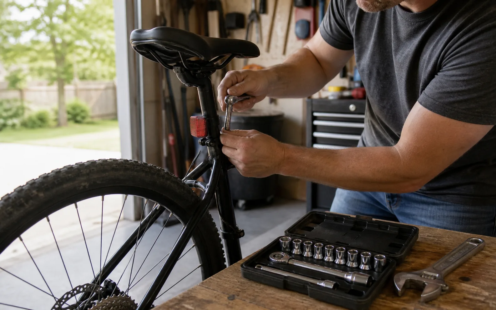 Homeowner tightening bicycle hardware with a socket set in a garage