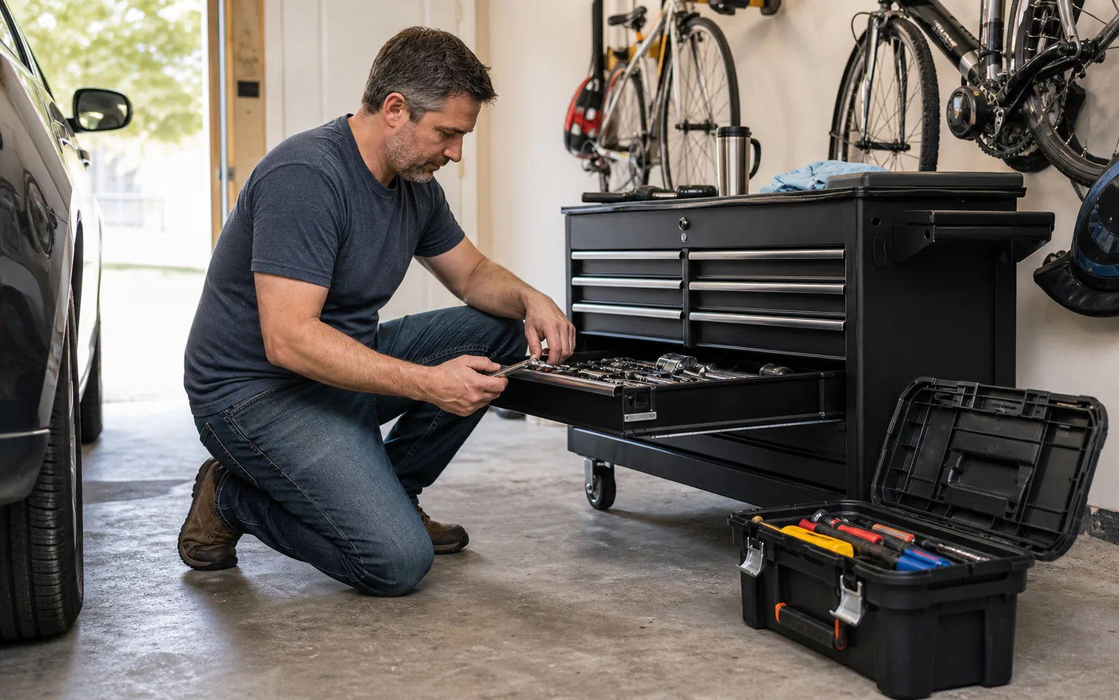 Homeowner organizing tools between a rolling chest and portable tool box