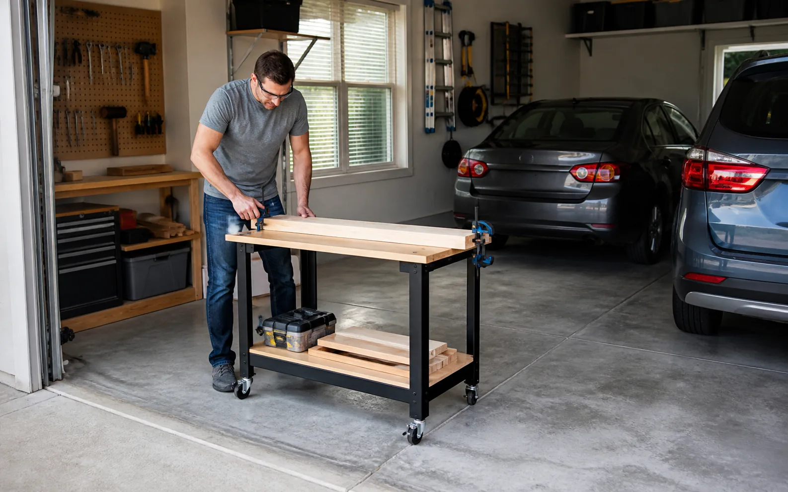 Compact mobile workbench being used in a small two-car garage