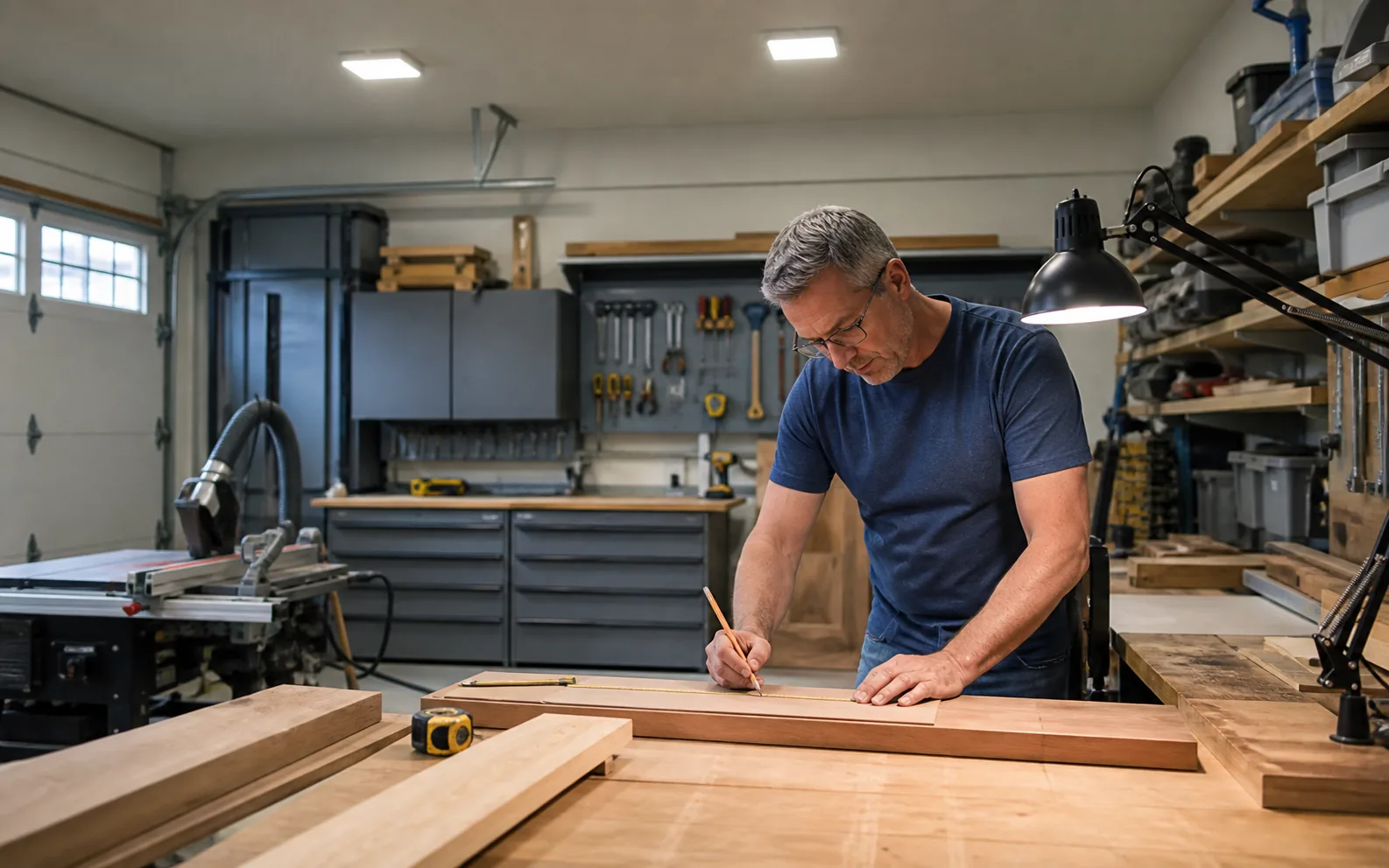 Brightly lit home garage workbench with layered ceiling and task lighting