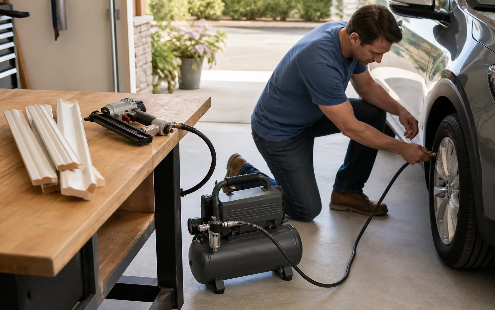 Homeowner checking a quiet portable air compressor beside a car tire