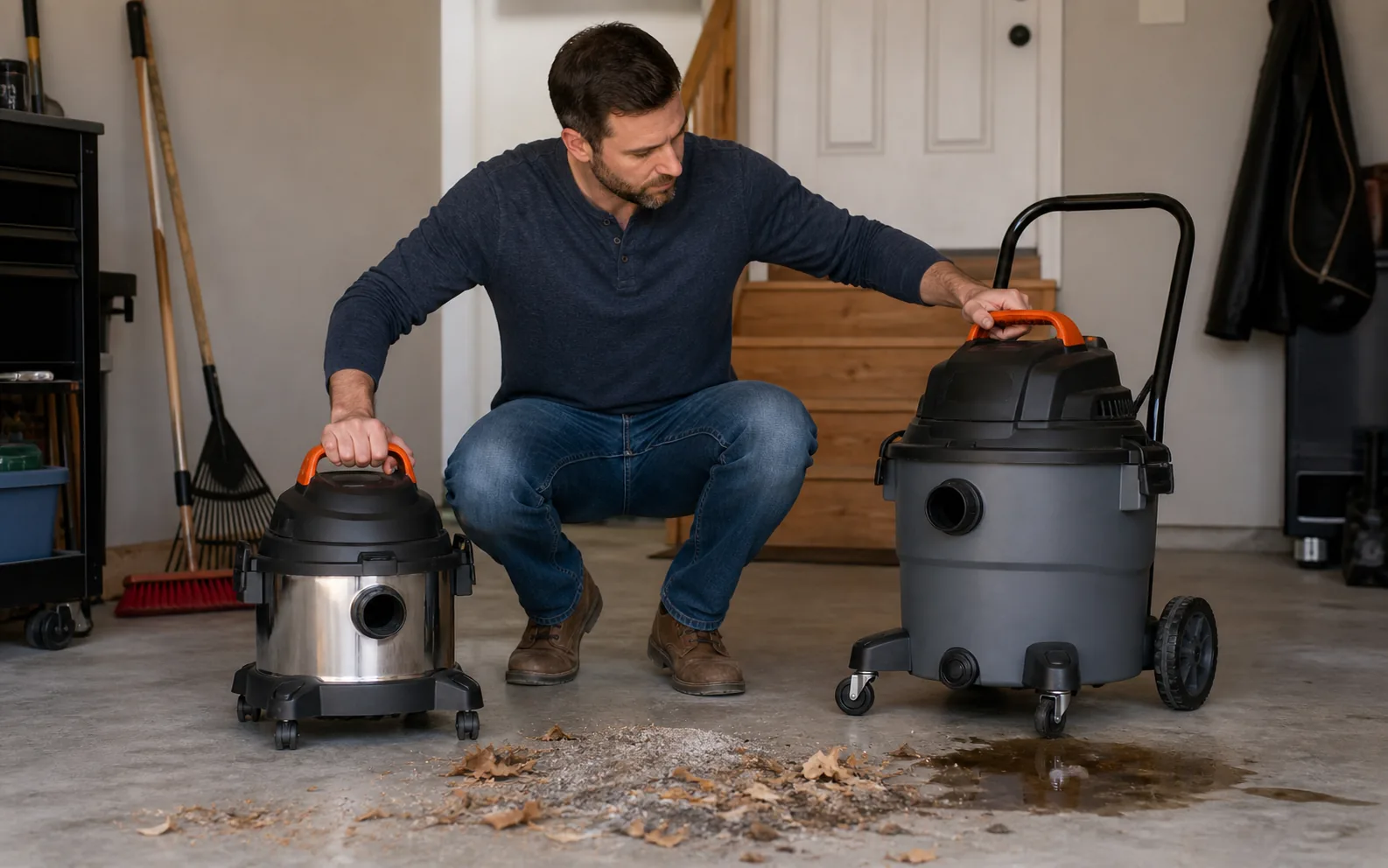 Two different size wet dry vacuums beside garage cleanup debris