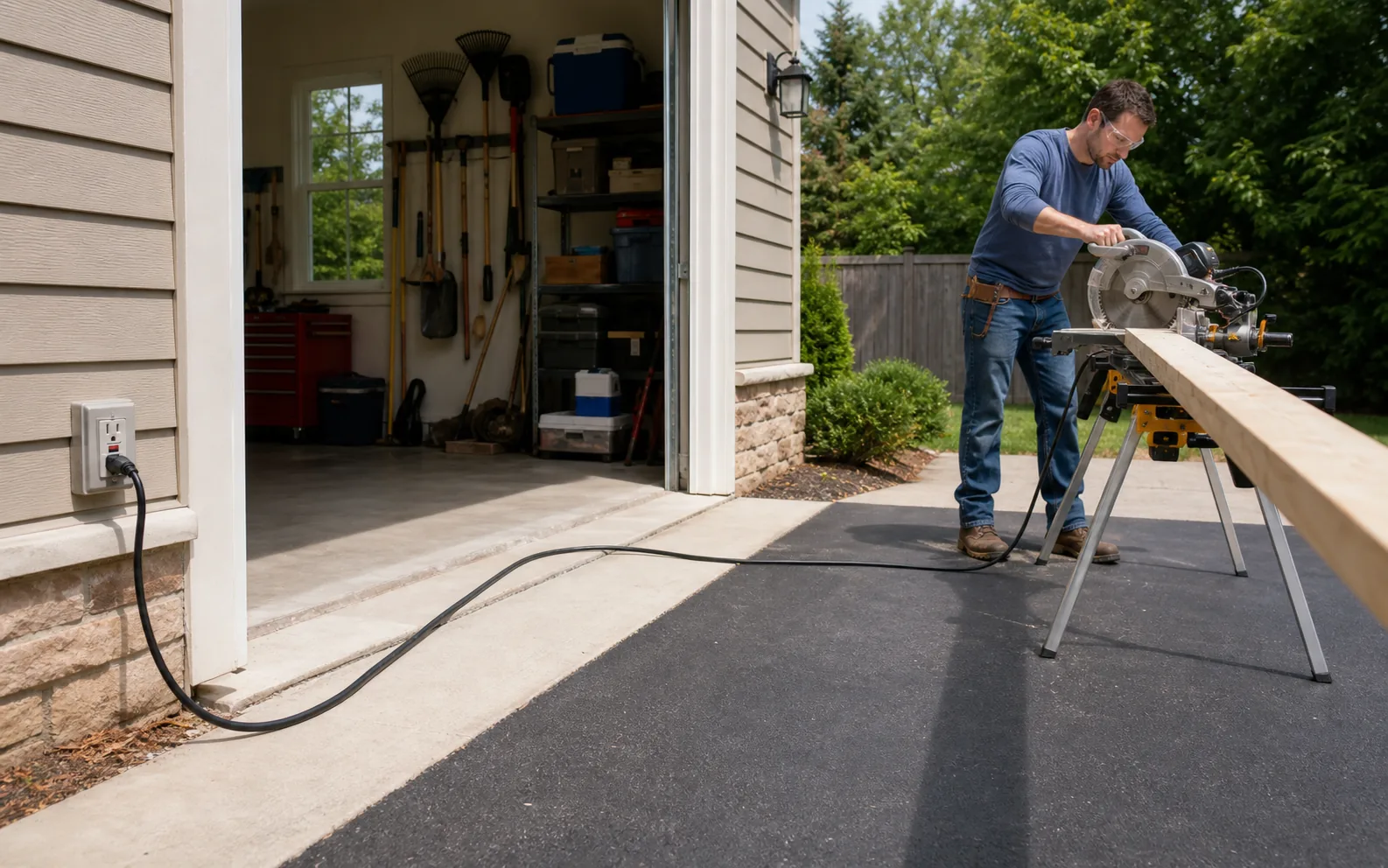 DIYer routing a heavy duty extension cord safely across a garage work area