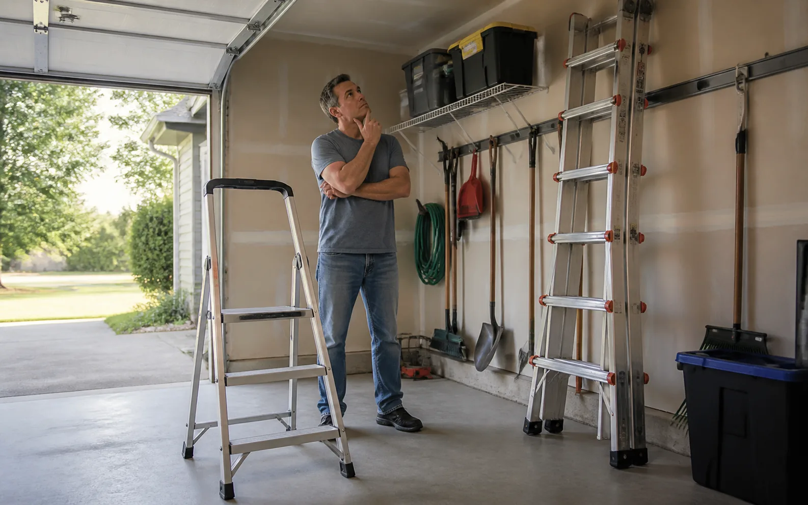 Homeowner comparing a step ladder indoors and an extension ladder by a garage