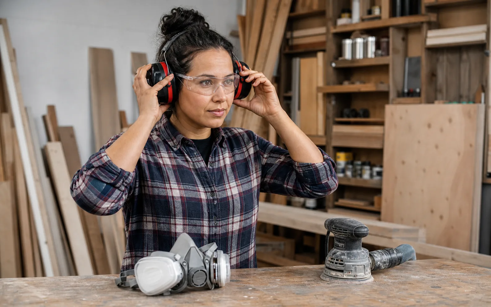 DIY homeowner putting on safety glasses and hearing protection in a workshop