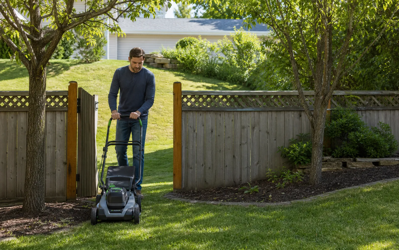 Homeowner mowing a compact suburban lawn with a battery lawn mower