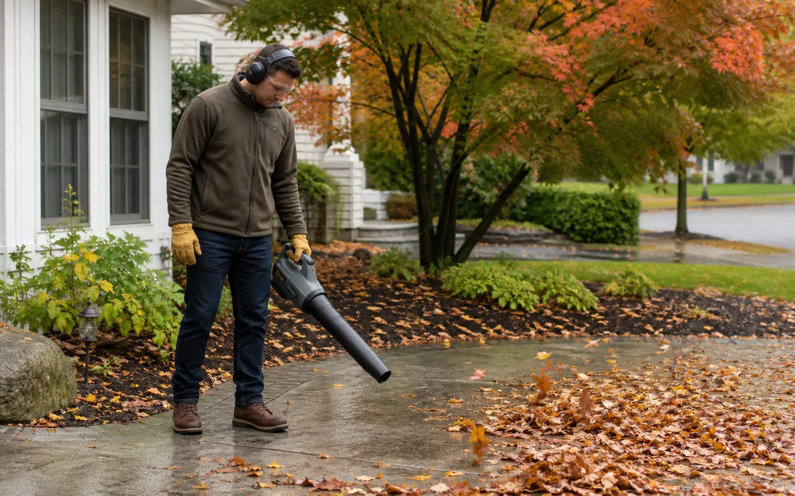 Homeowner clearing leaves from a driveway with a cordless leaf blower