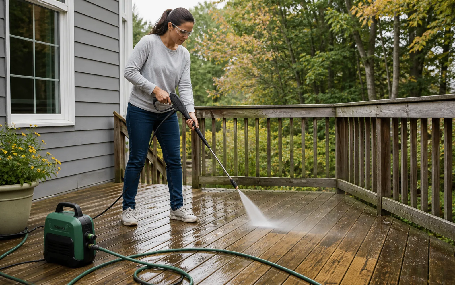 Homeowner carefully pressure washing a backyard deck in daylight