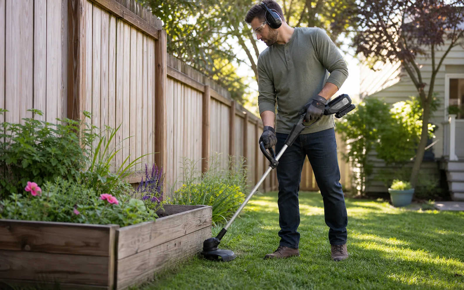 Gardener trimming grass carefully along a wooden fence with a cordless trimmer
