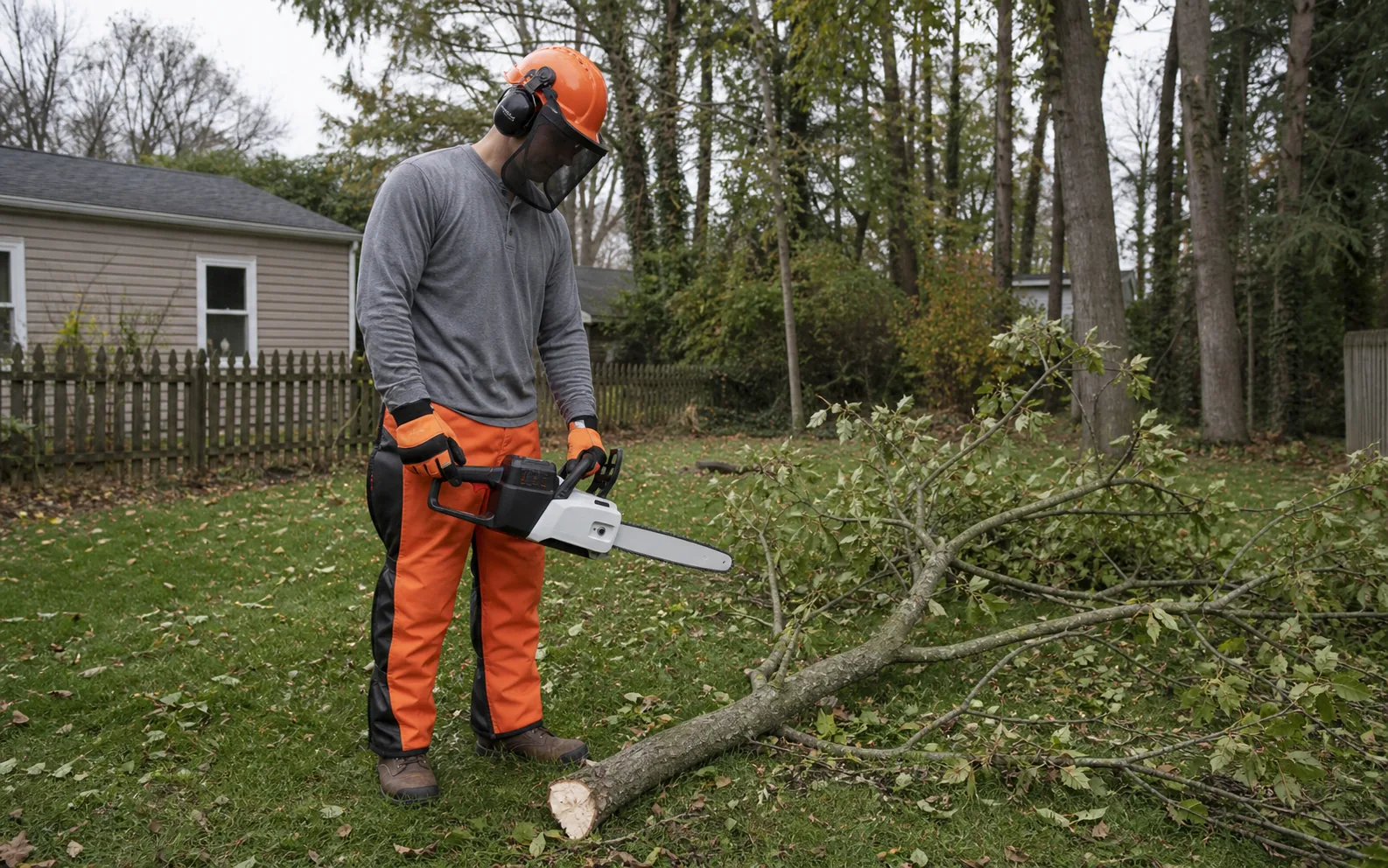 Homeowner in protective equipment assessing a fallen ground-level branch before cutting