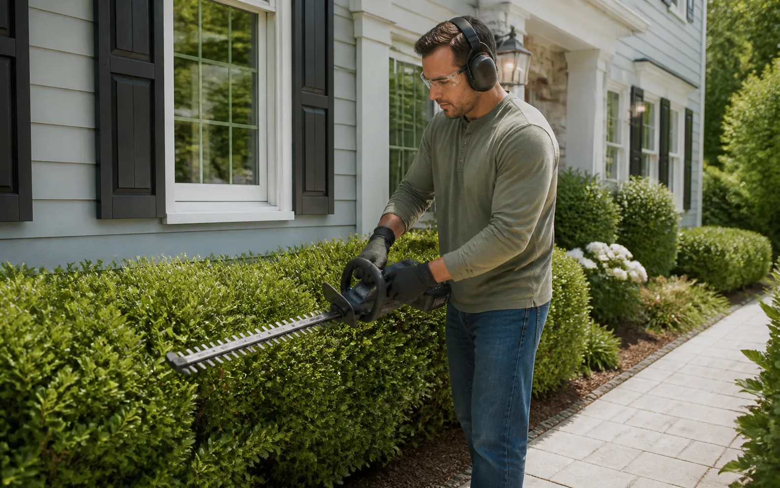 Homeowner trimming foundation shrubs beside a front walkway with a cordless hedge trimmer
