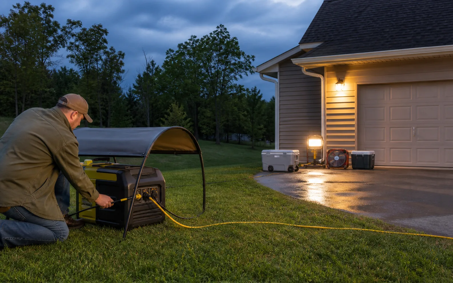Portable generator positioned safely outdoors away from a house during an outage setup