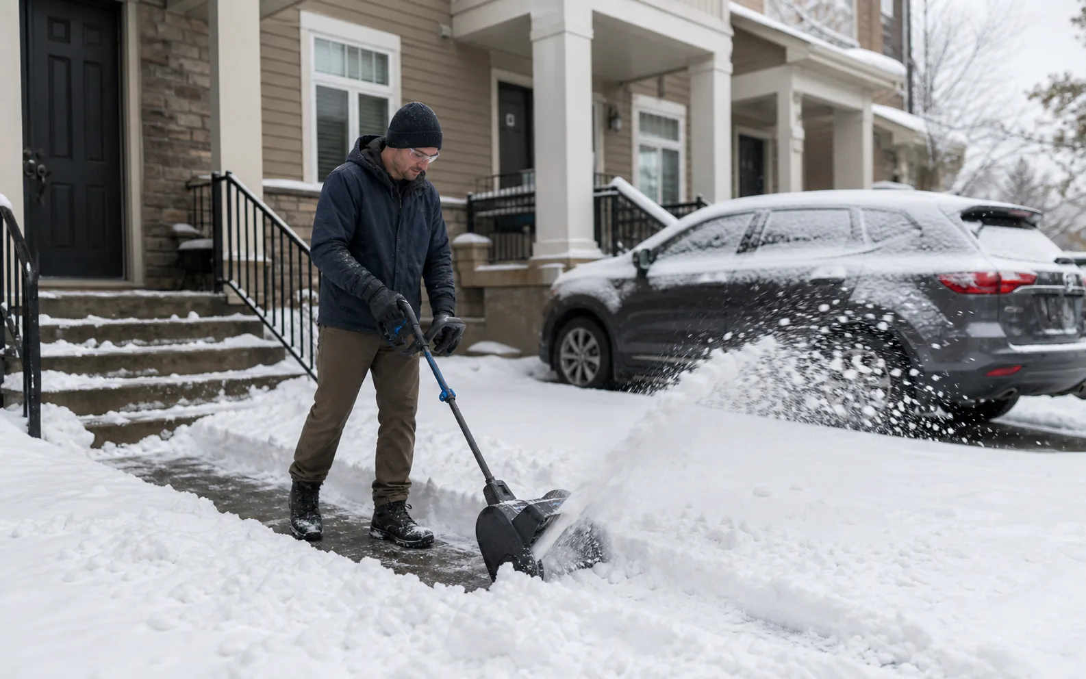 Homeowner clearing a short snowy sidewalk with a compact electric snow shovel