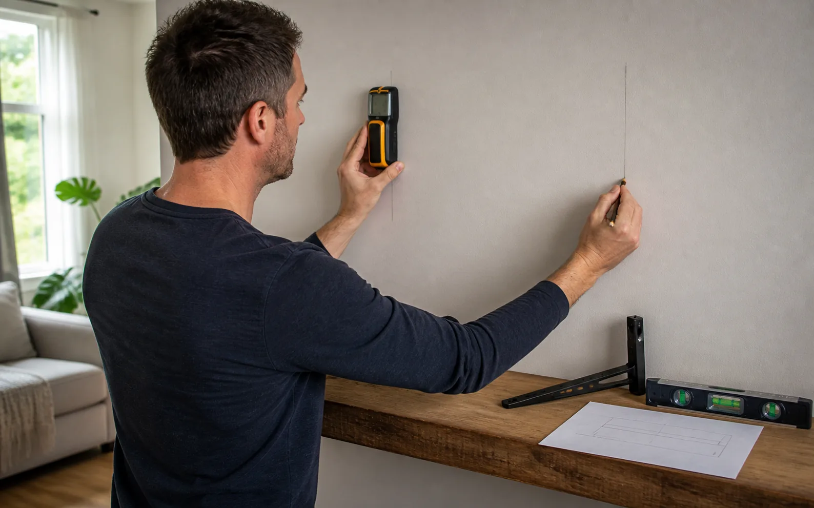 Homeowner scanning a drywall wall before mounting a heavy shelf