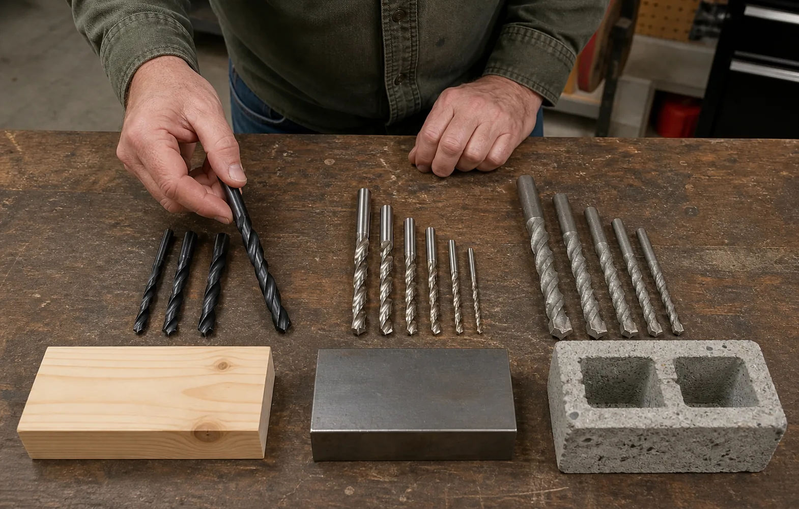 DIYer selecting drill bits for wood metal and masonry at a workbench