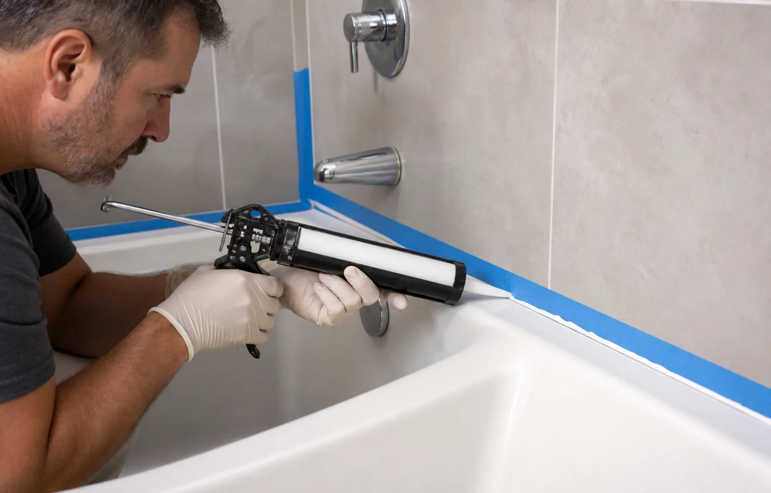 Homeowner applying a neat bead of caulk around a bathroom fixture