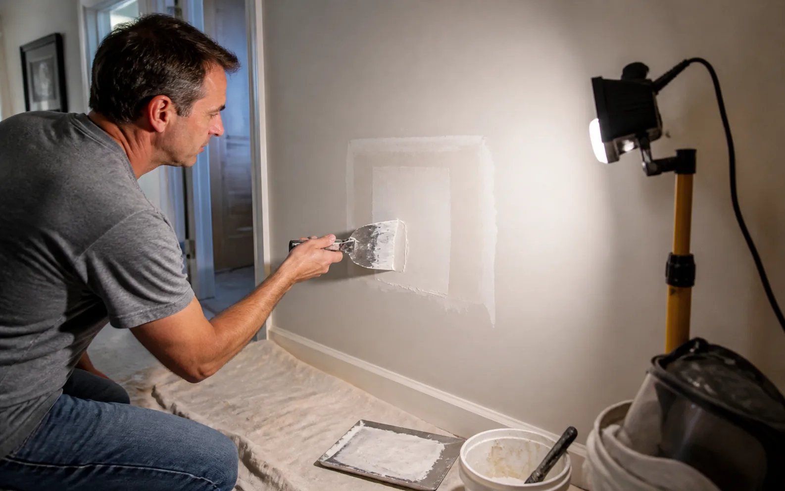 Homeowner feathering joint compound over a small drywall patch in a hallway