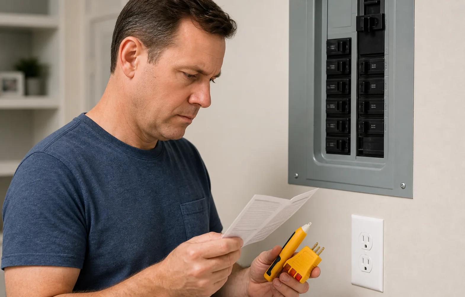 Homeowner reading instructions for a voltage tester near a switched-off wall outlet