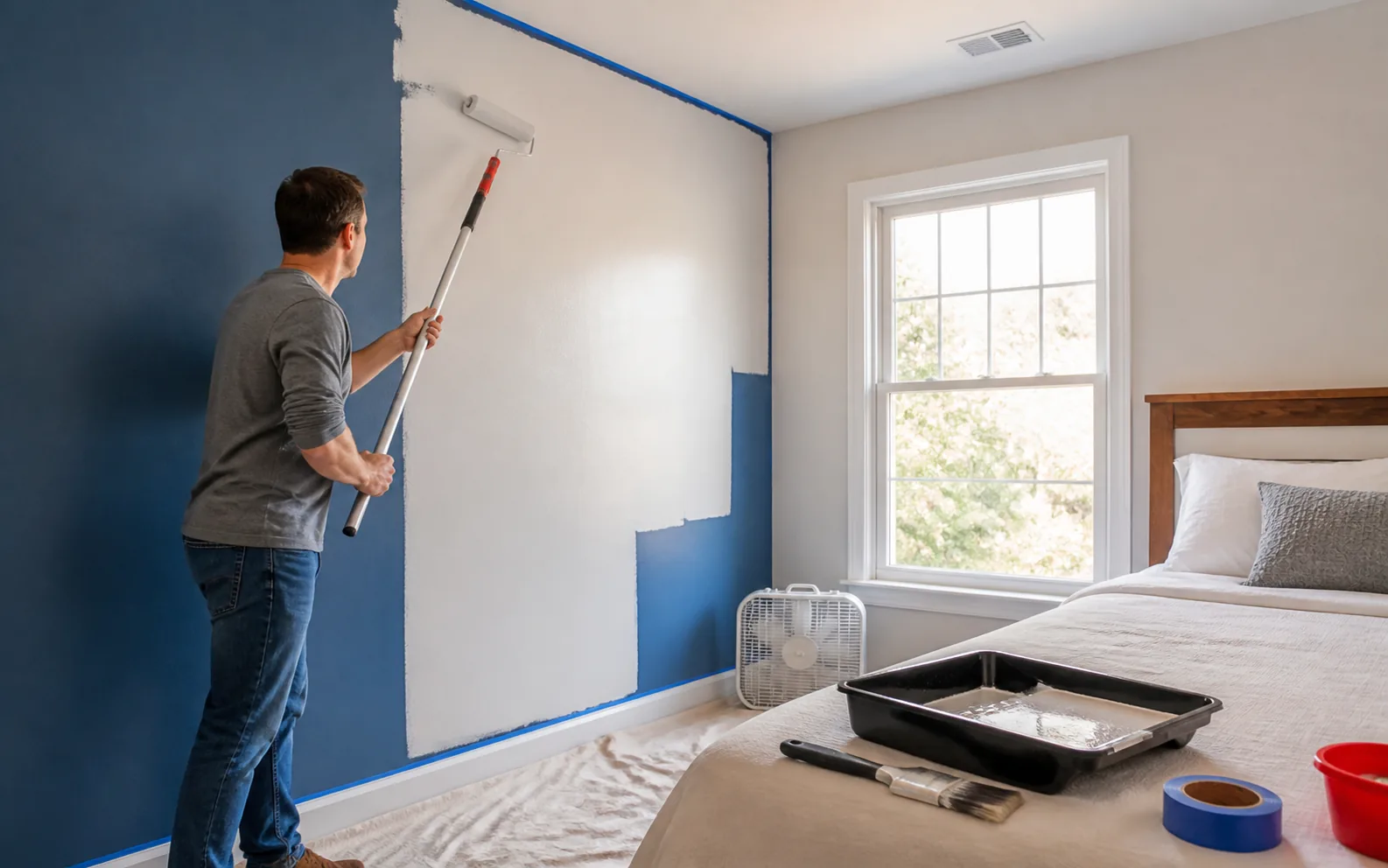 Homeowner painting a bright spare bedroom with a roller and angled brush