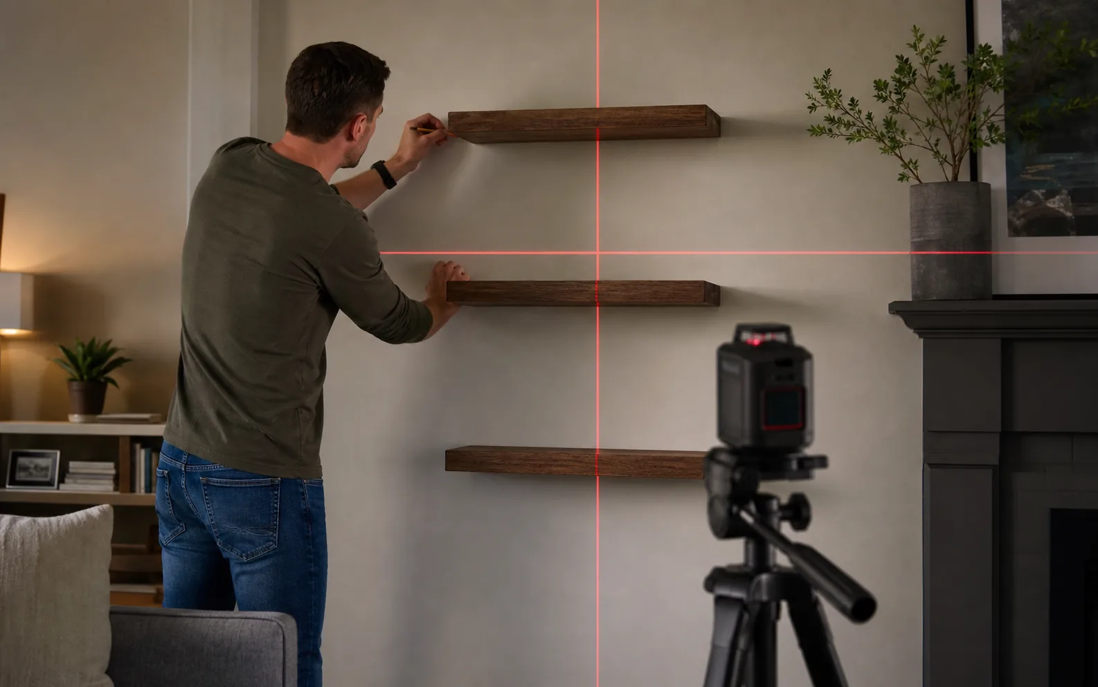 DIYer aligning floating shelves with a cross-line laser level in a living room